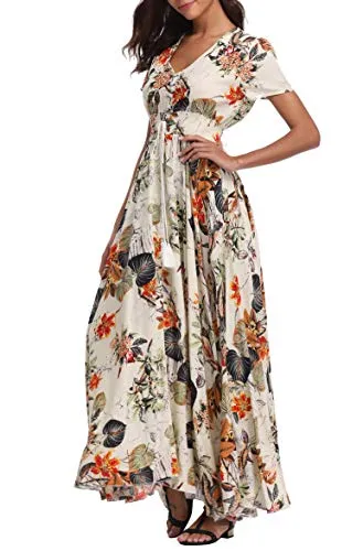 1stvital Women's Floral Maxi Dresses Boho Summer Beach Dress Short Sleeve Button Up Split Party Dress, M