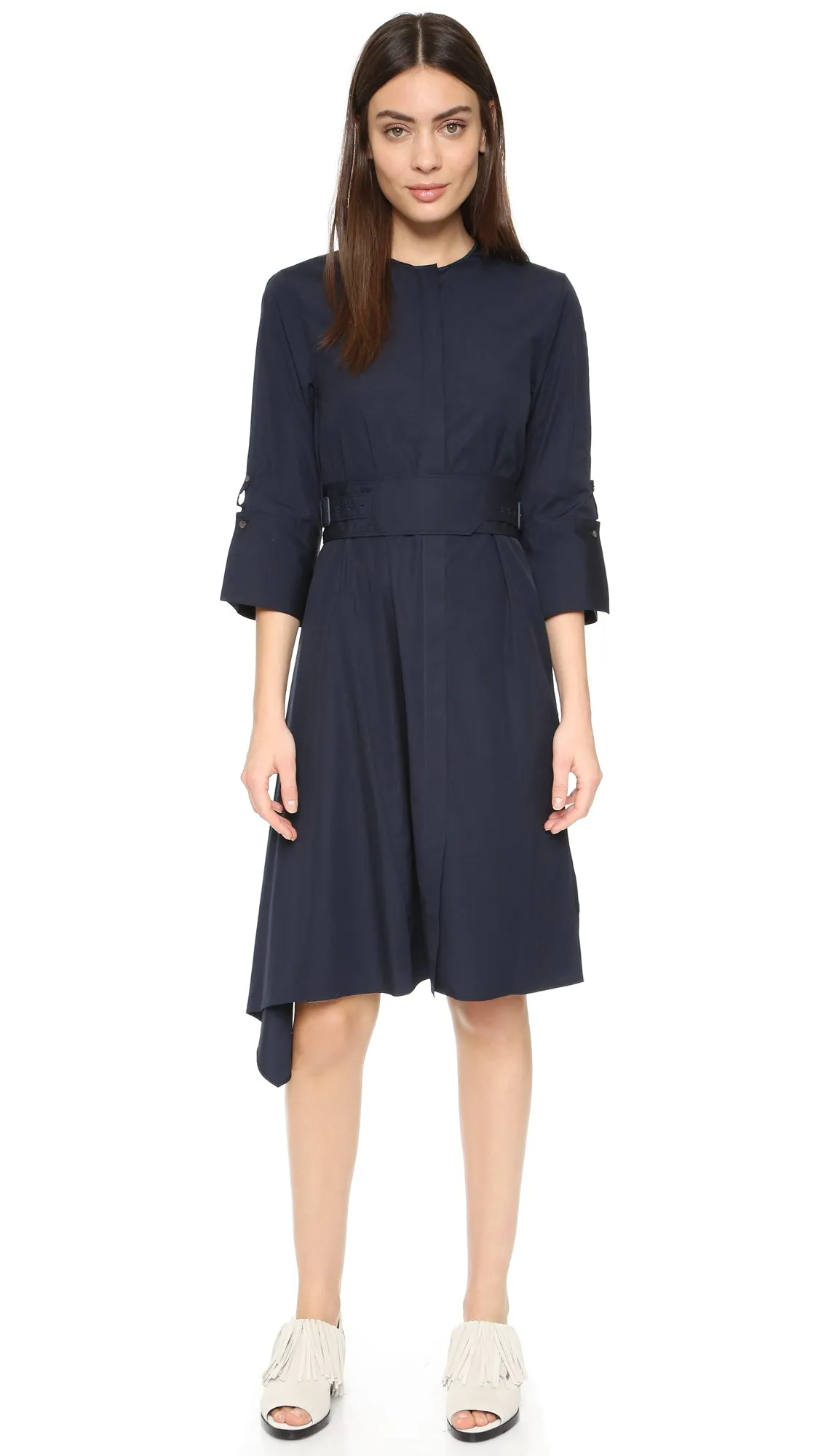 3.1 Phillip Lim Belted Cotton-Poplin Dress W/Asymmetrical Hem