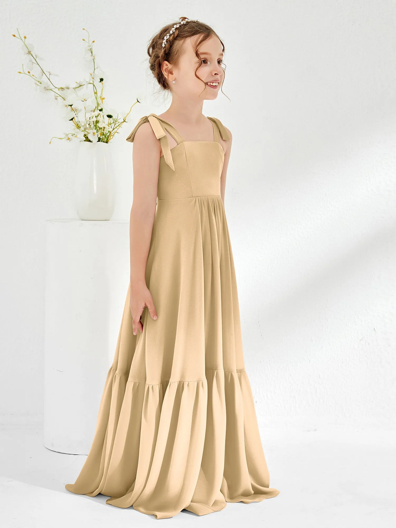 A-Line Bow Ruffle Junior Bridesmaid Dresses Champagne