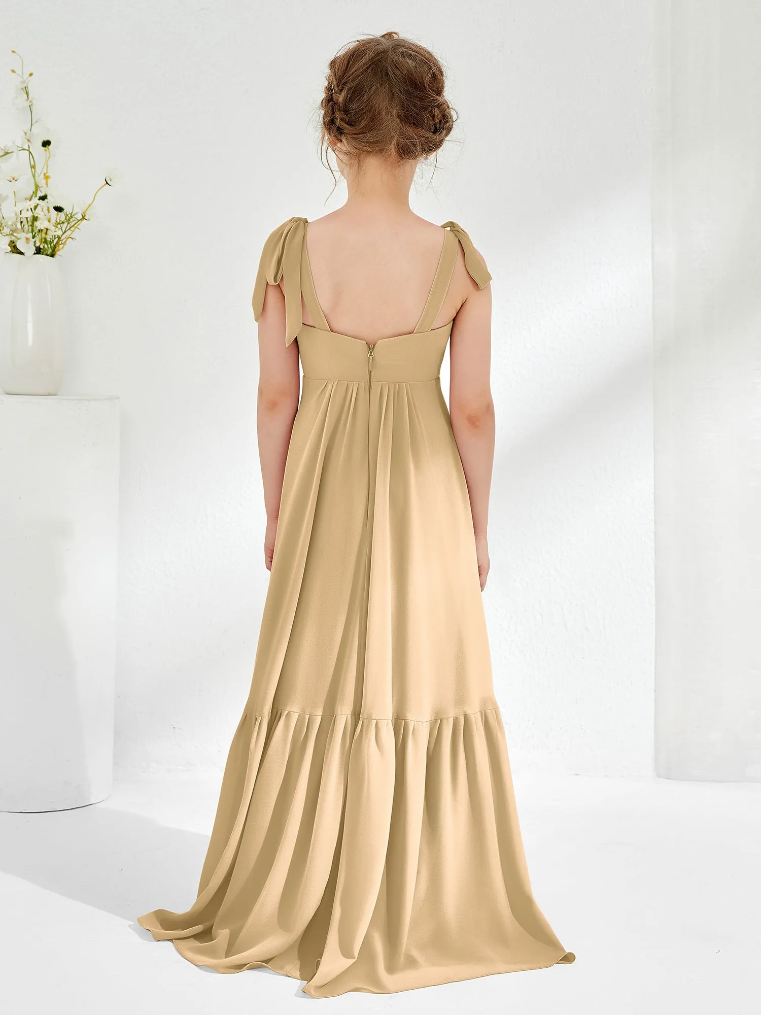 A-Line Bow Ruffle Junior Bridesmaid Dresses Champagne