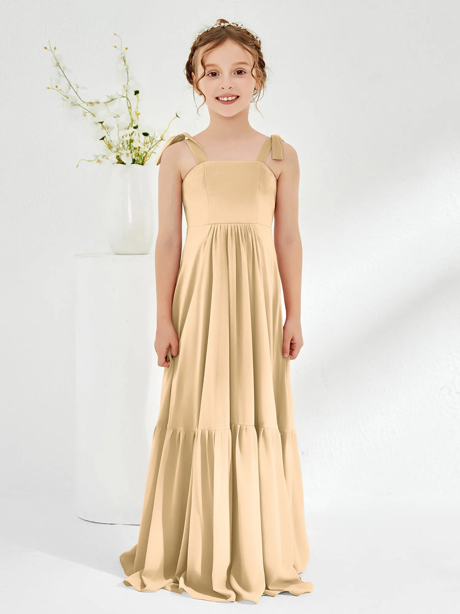 A-Line Bow Ruffle Junior Bridesmaid Dresses Champagne