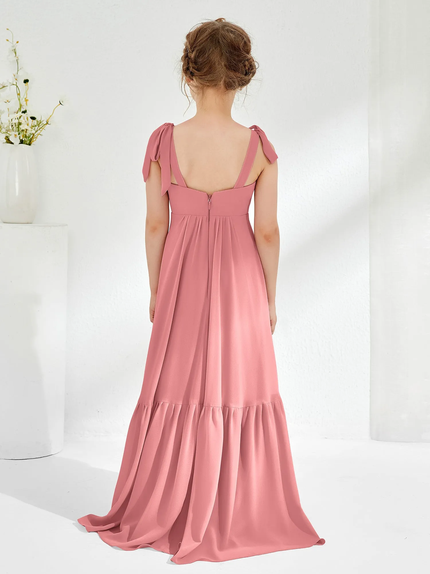 A-Line Bow Ruffle Junior Bridesmaid Dresses Flamingo