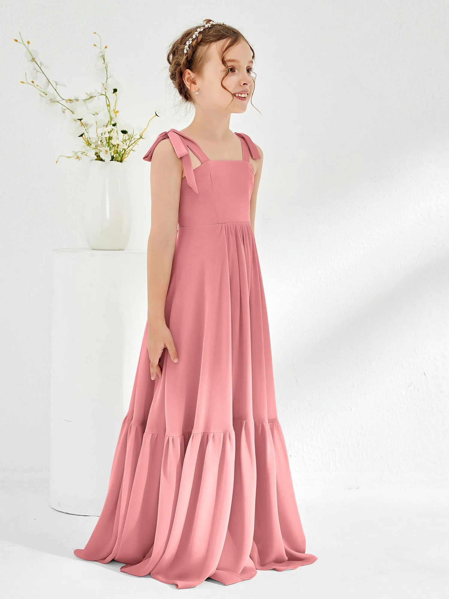 A-Line Bow Ruffle Junior Bridesmaid Dresses Flamingo