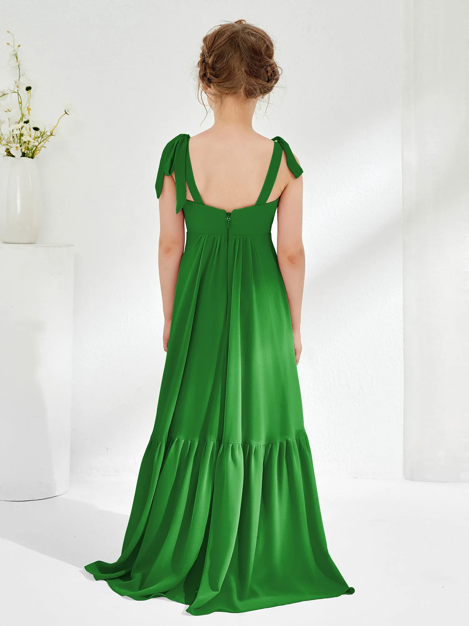 A-Line Bow Ruffle Junior Bridesmaid Dresses Green