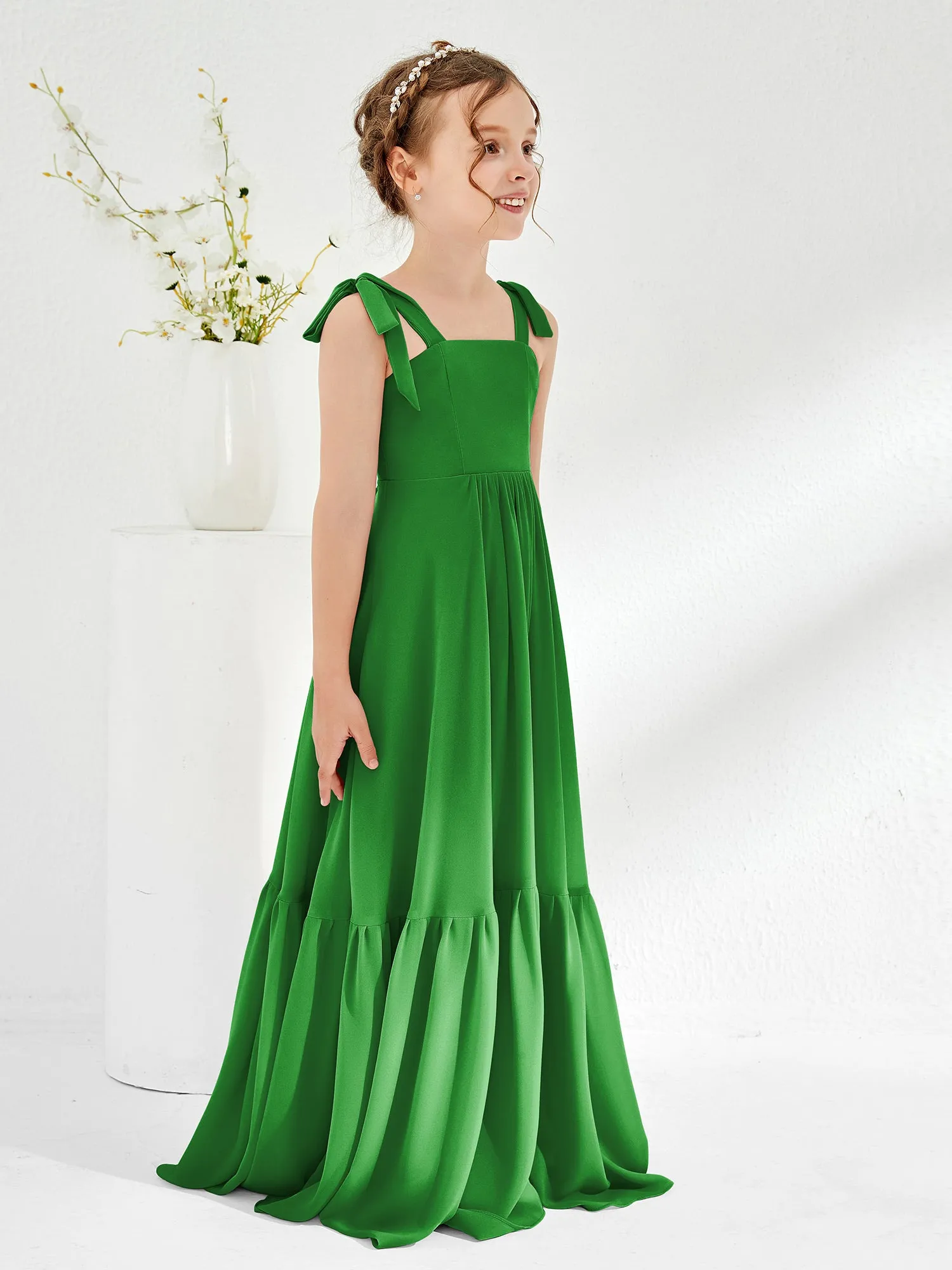 A-Line Bow Ruffle Junior Bridesmaid Dresses Green