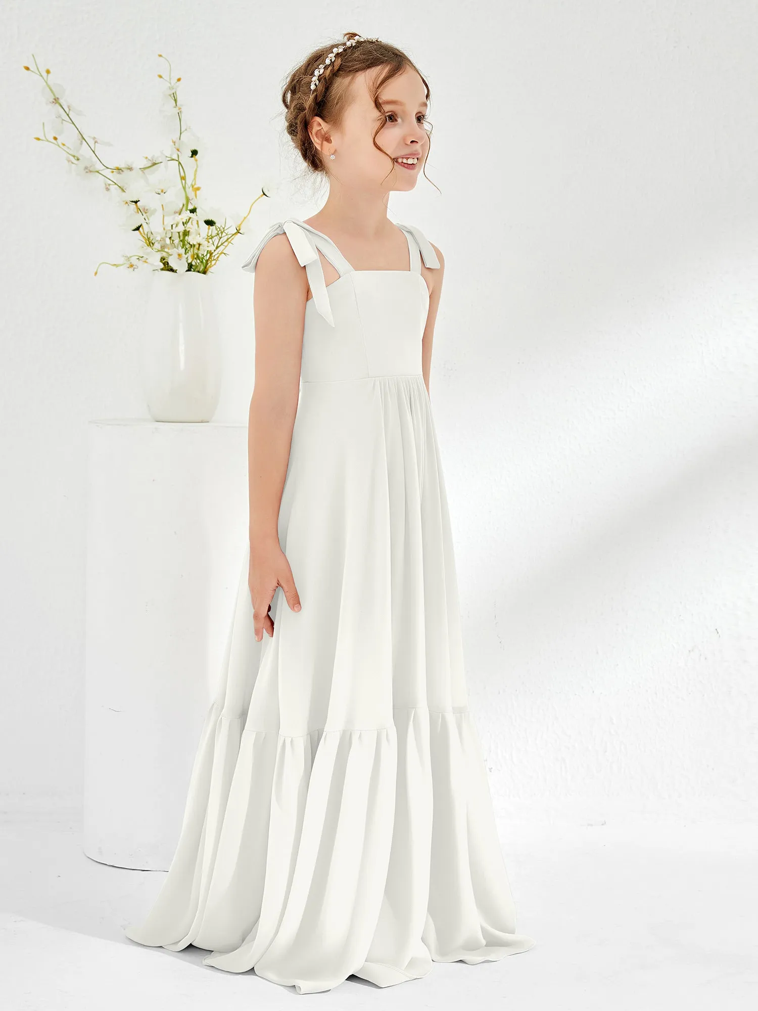 A-Line Bow Ruffle Junior Bridesmaid Dresses Ivory