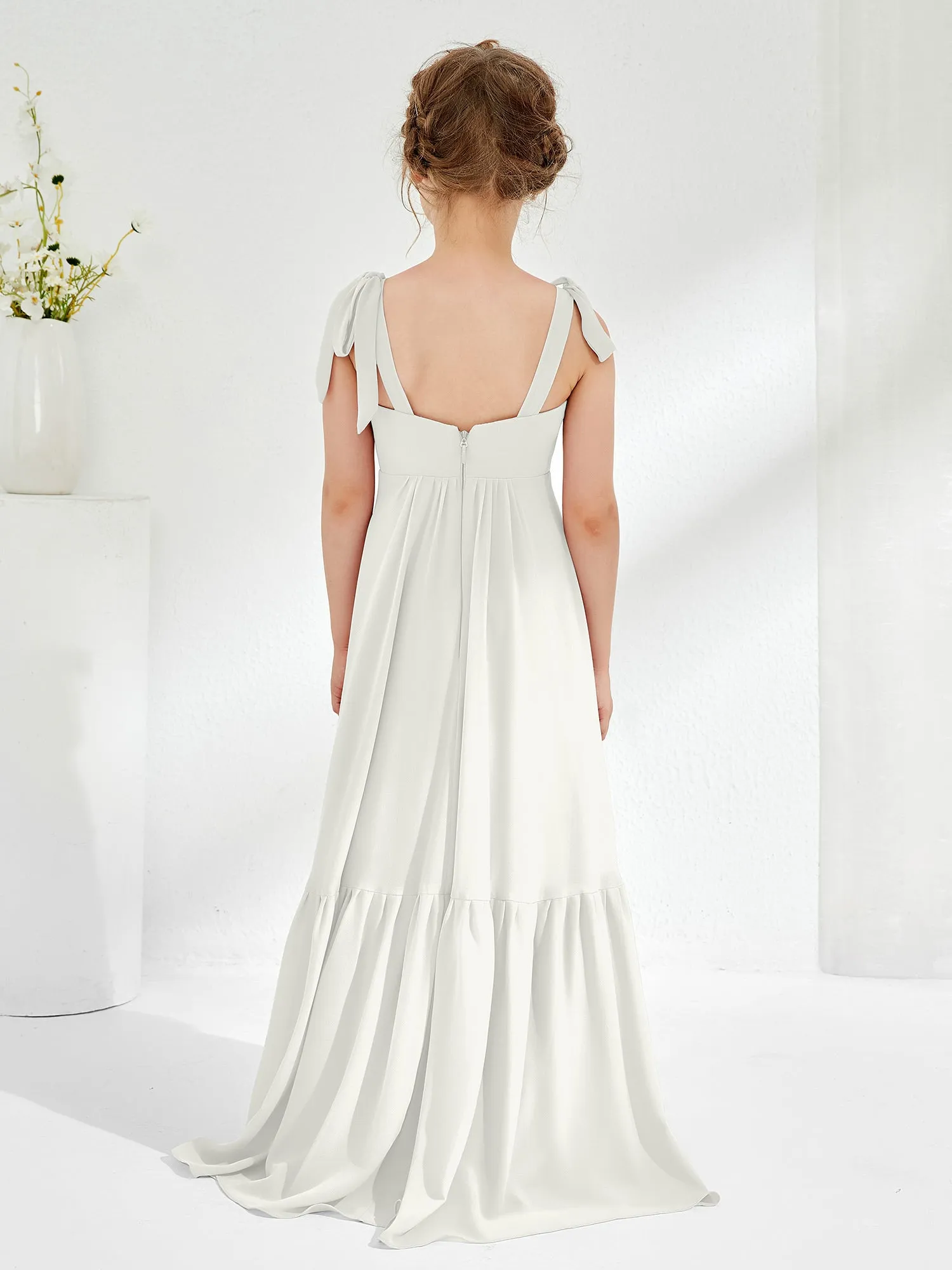 A-Line Bow Ruffle Junior Bridesmaid Dresses Ivory