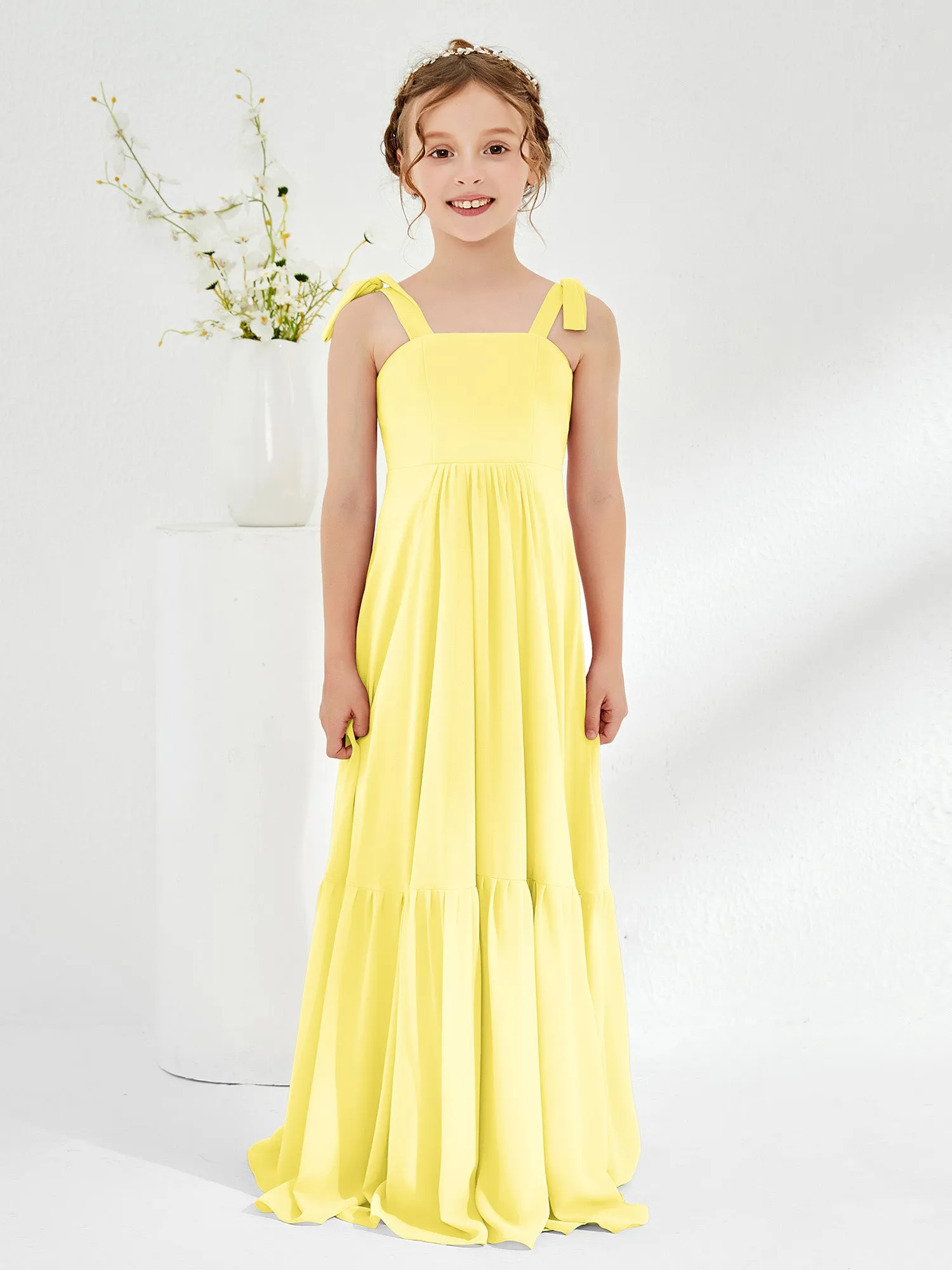 A-Line Bow Ruffle Junior Bridesmaid Dresses Lemon