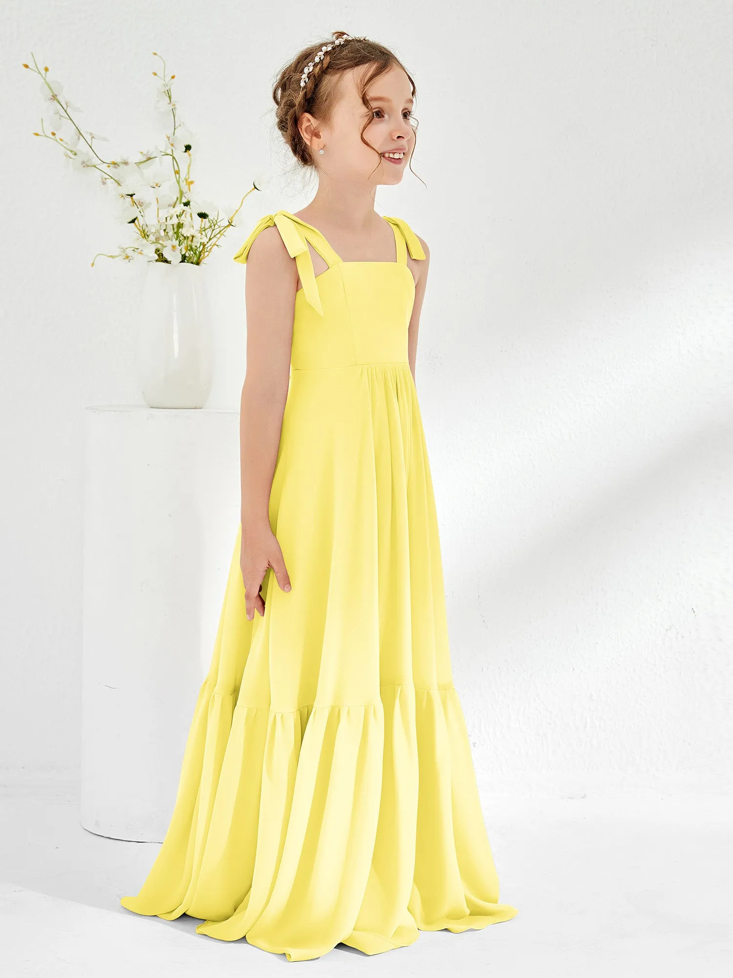A-Line Bow Ruffle Junior Bridesmaid Dresses Lemon