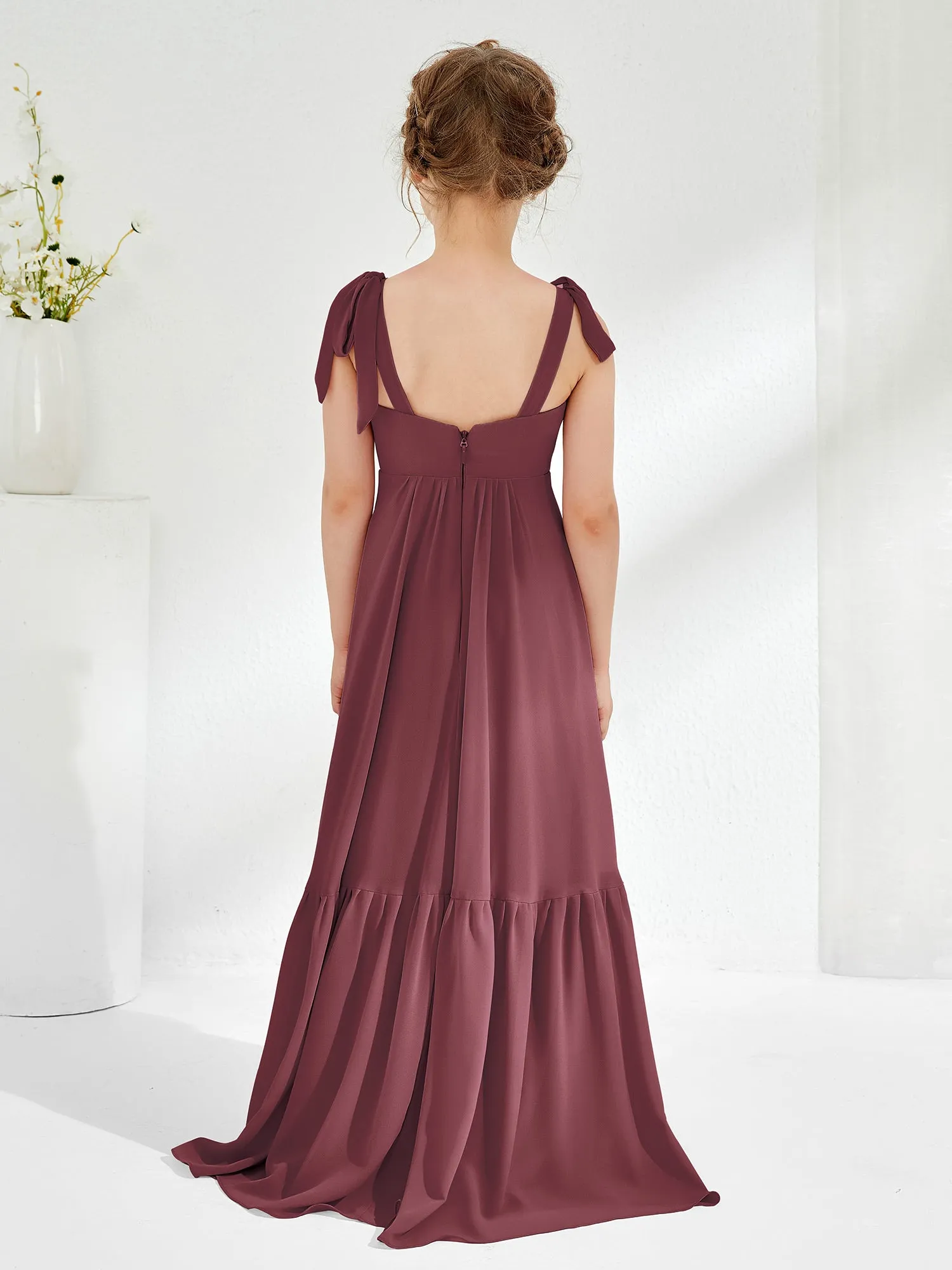 A-Line Bow Ruffle Junior Bridesmaid Dresses Mulberry