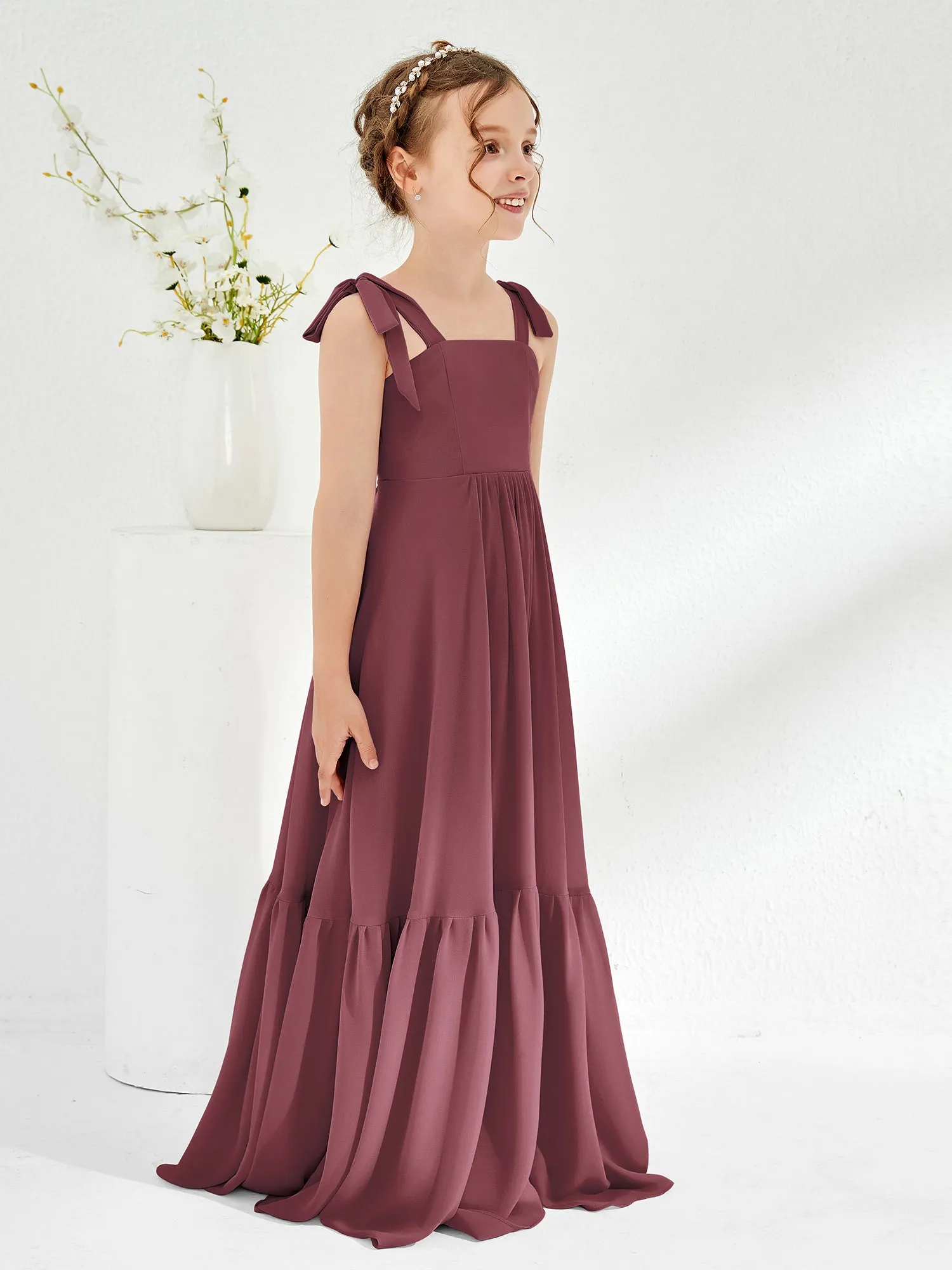 A-Line Bow Ruffle Junior Bridesmaid Dresses Mulberry