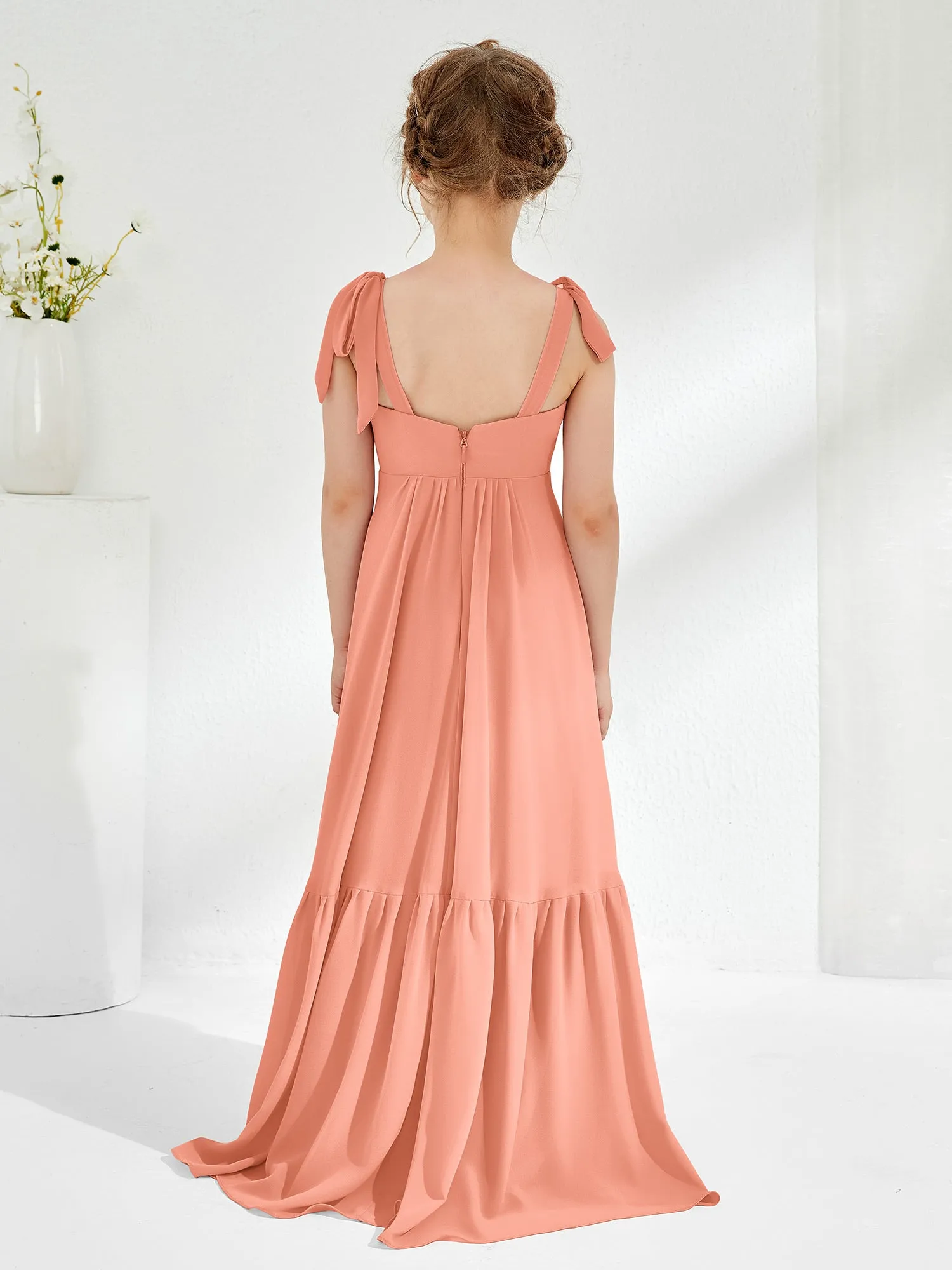 A-Line Bow Ruffle Junior Bridesmaid Dresses Papaya