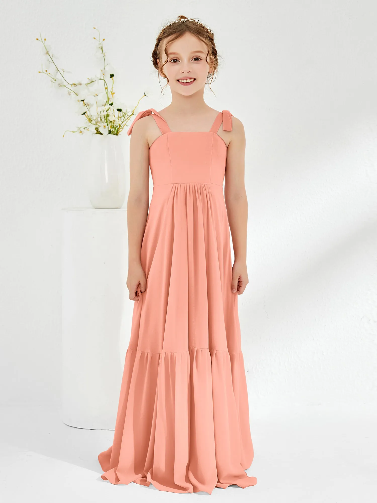 A-Line Bow Ruffle Junior Bridesmaid Dresses Papaya