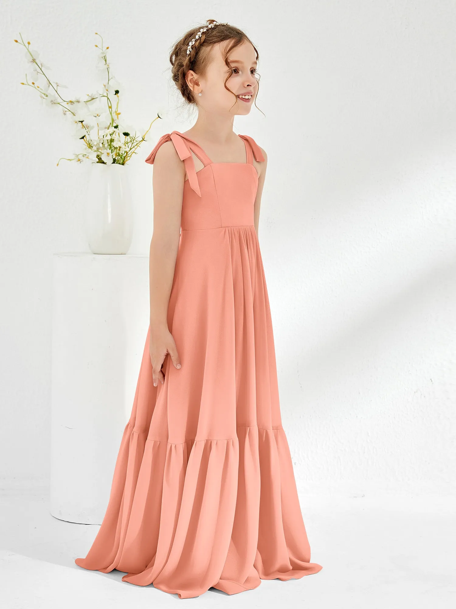 A-Line Bow Ruffle Junior Bridesmaid Dresses Papaya