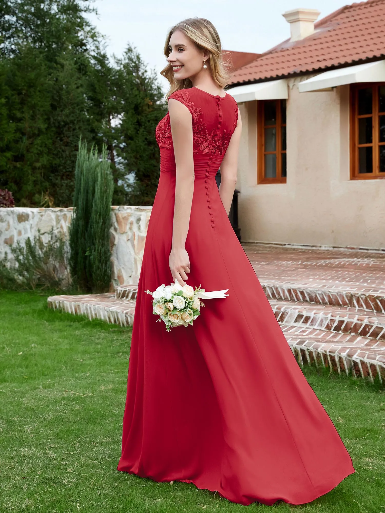 A-Line Chiffon Dress with Illusion Neckline Burgundy Plus Size