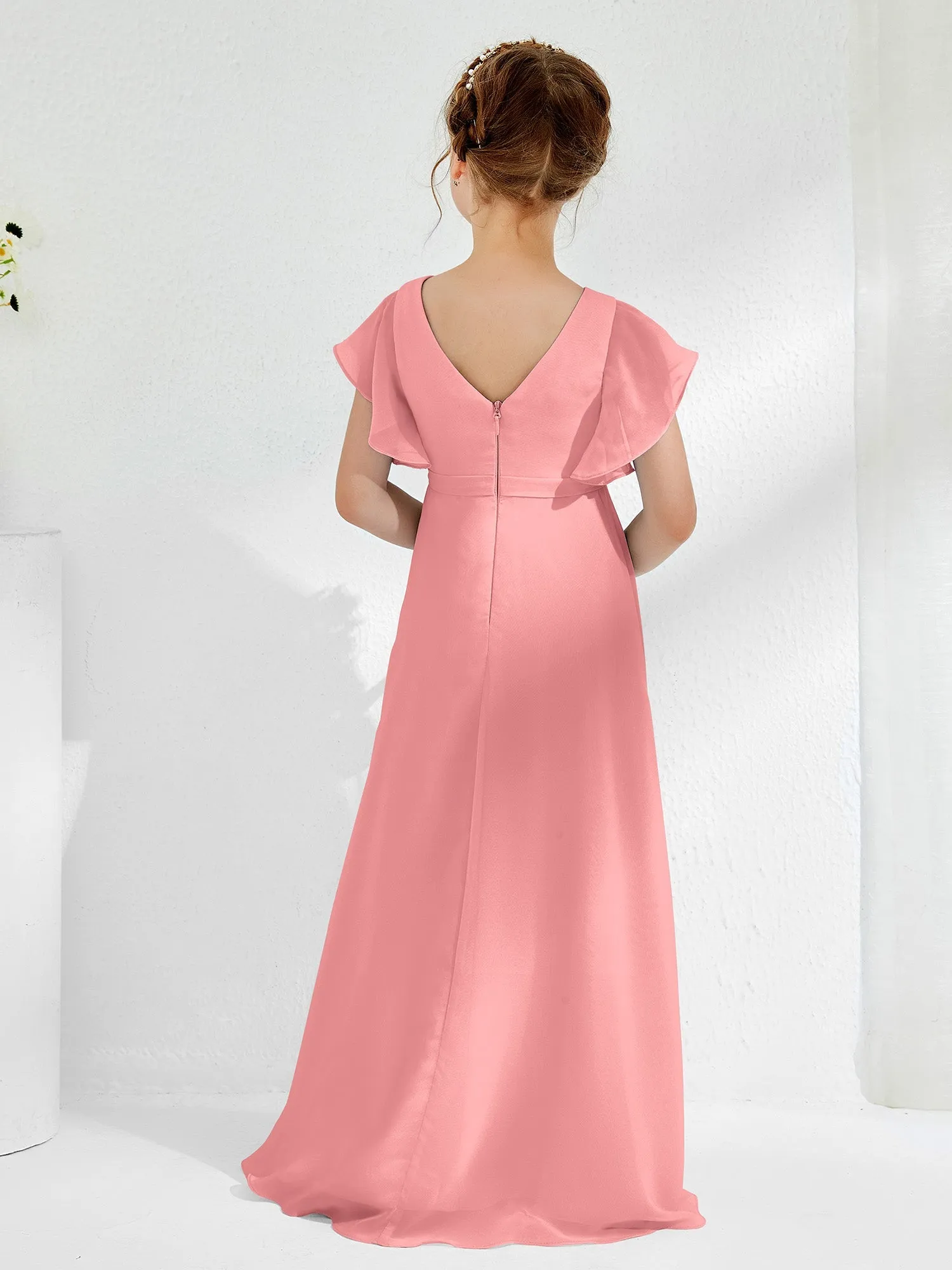 A-line Flutter Sleeves Junior Bridesmaid Dresses Flamingo