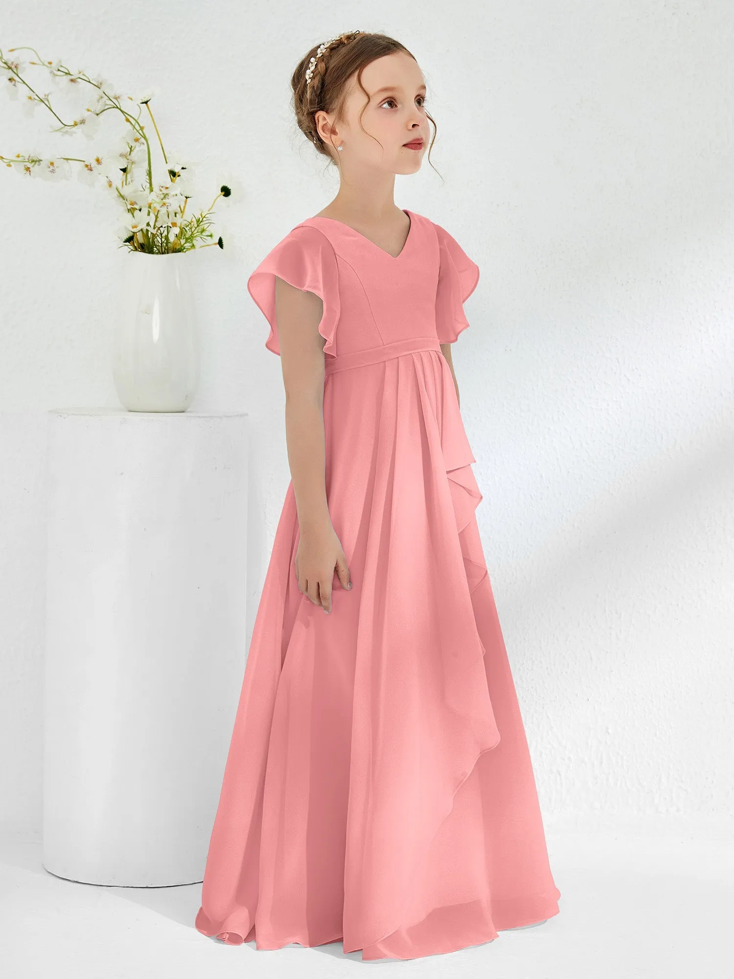A-line Flutter Sleeves Junior Bridesmaid Dresses Flamingo
