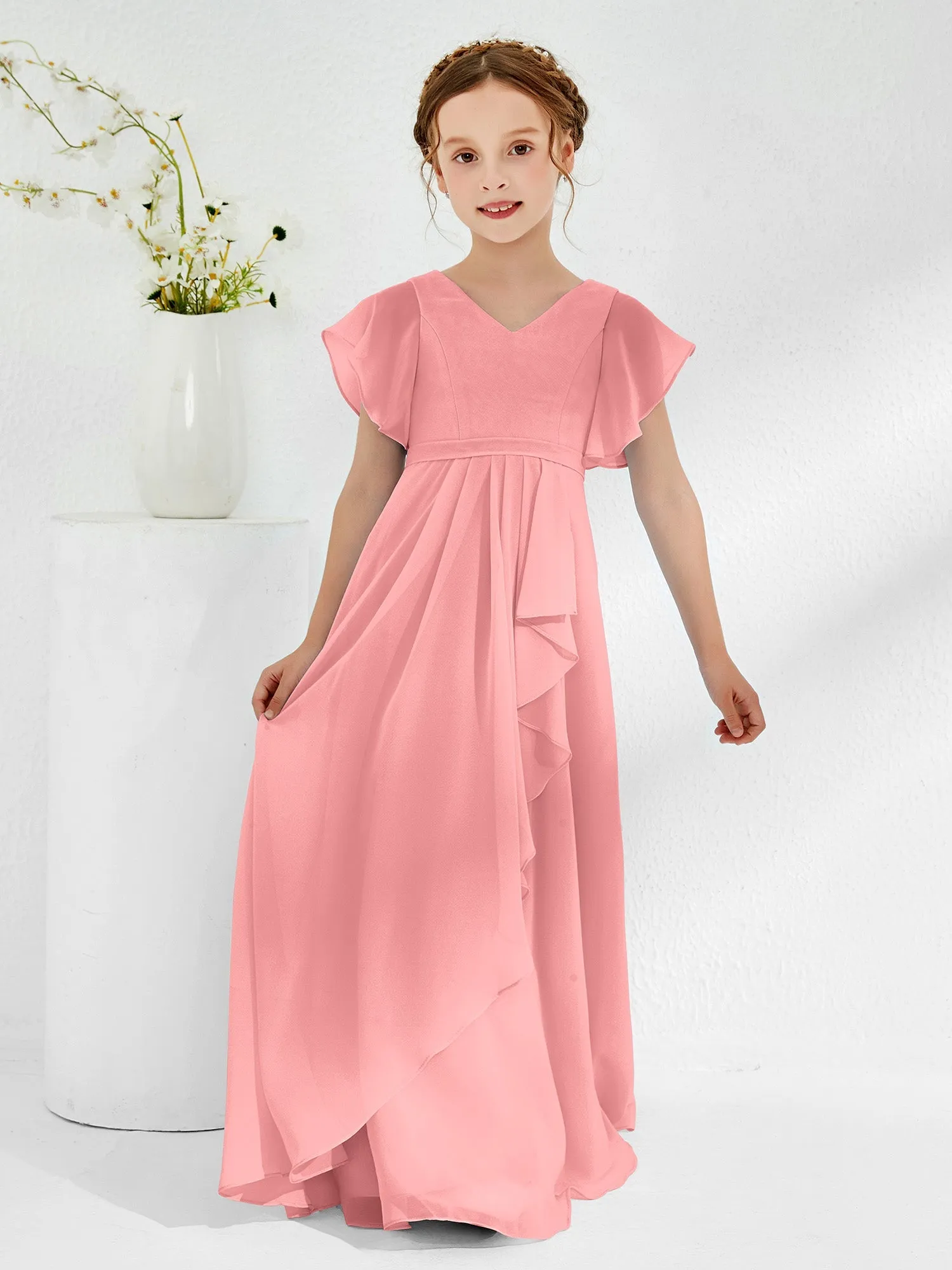 A-line Flutter Sleeves Junior Bridesmaid Dresses Flamingo