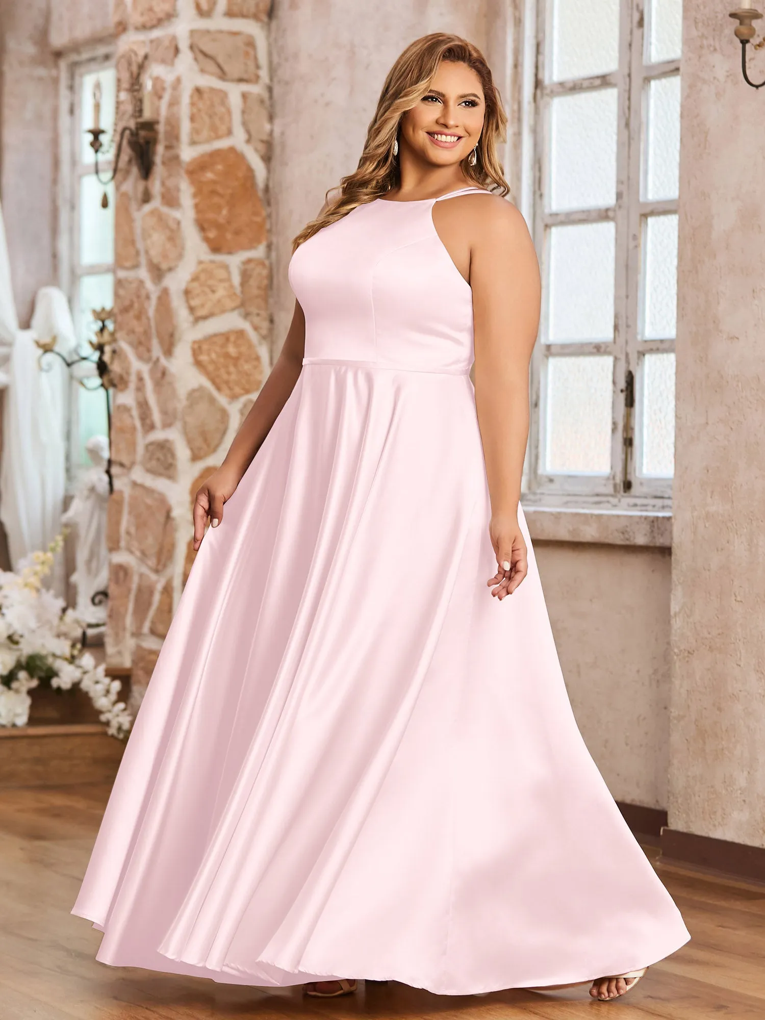 A-line Halter Max Satin Dresses with Pockets-Blushing Pink Plus Size