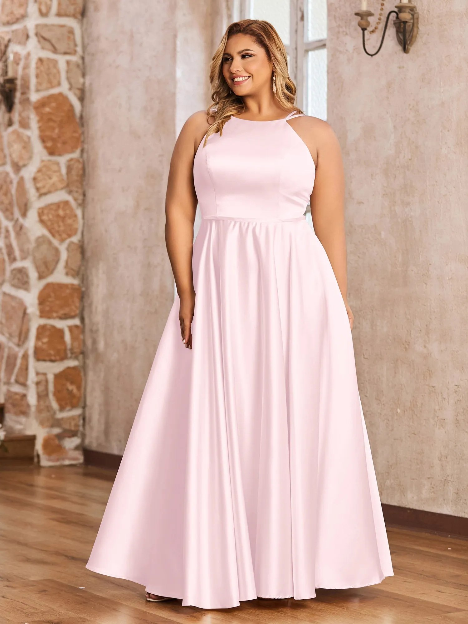 A-line Halter Max Satin Dresses with Pockets-Blushing Pink Plus Size