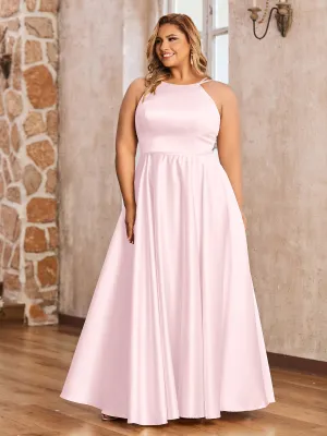 A-line Halter Max Satin Dresses with Pockets-Blushing Pink Plus Size