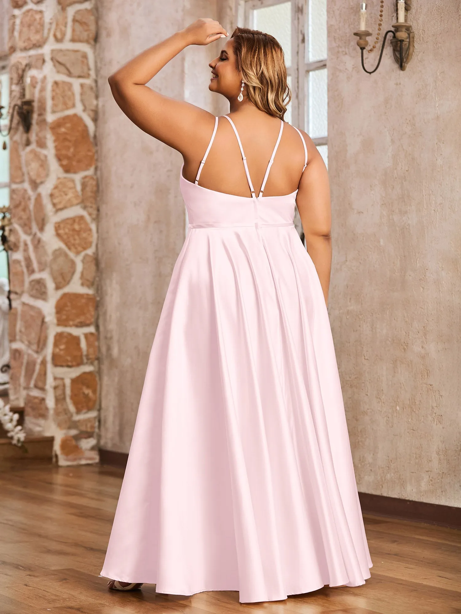 A-line Halter Max Satin Dresses with Pockets-Blushing Pink Plus Size