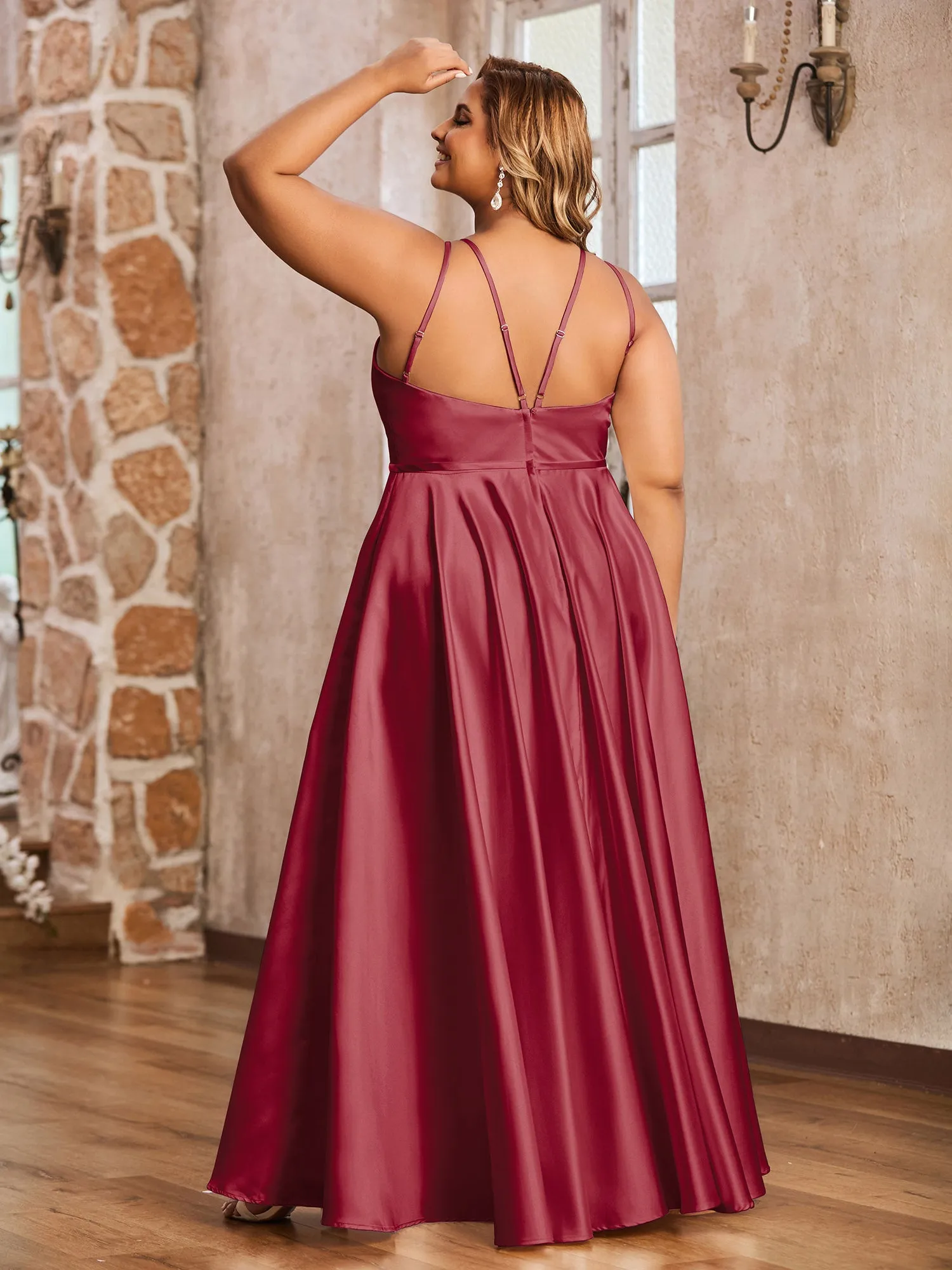 A-line Halter Max Satin Dresses with Pockets-Burgundy Plus Size