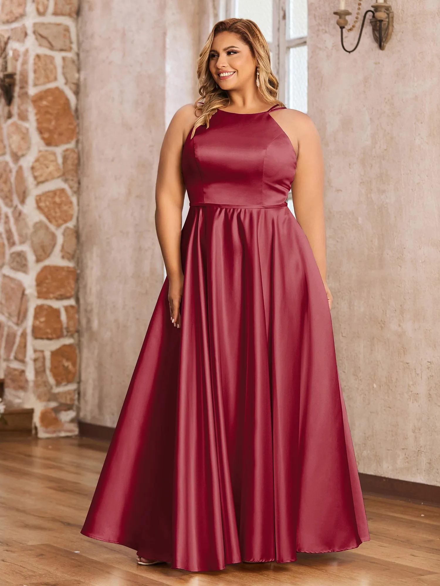 A-line Halter Max Satin Dresses with Pockets-Burgundy Plus Size