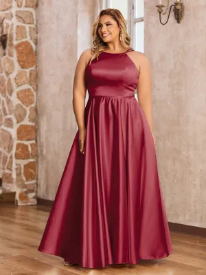 A-line Halter Max Satin Dresses with Pockets-Burgundy Plus Size
