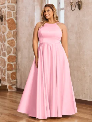 A-line Halter Max Satin Dresses with Pockets-Flamingo Plus Size
