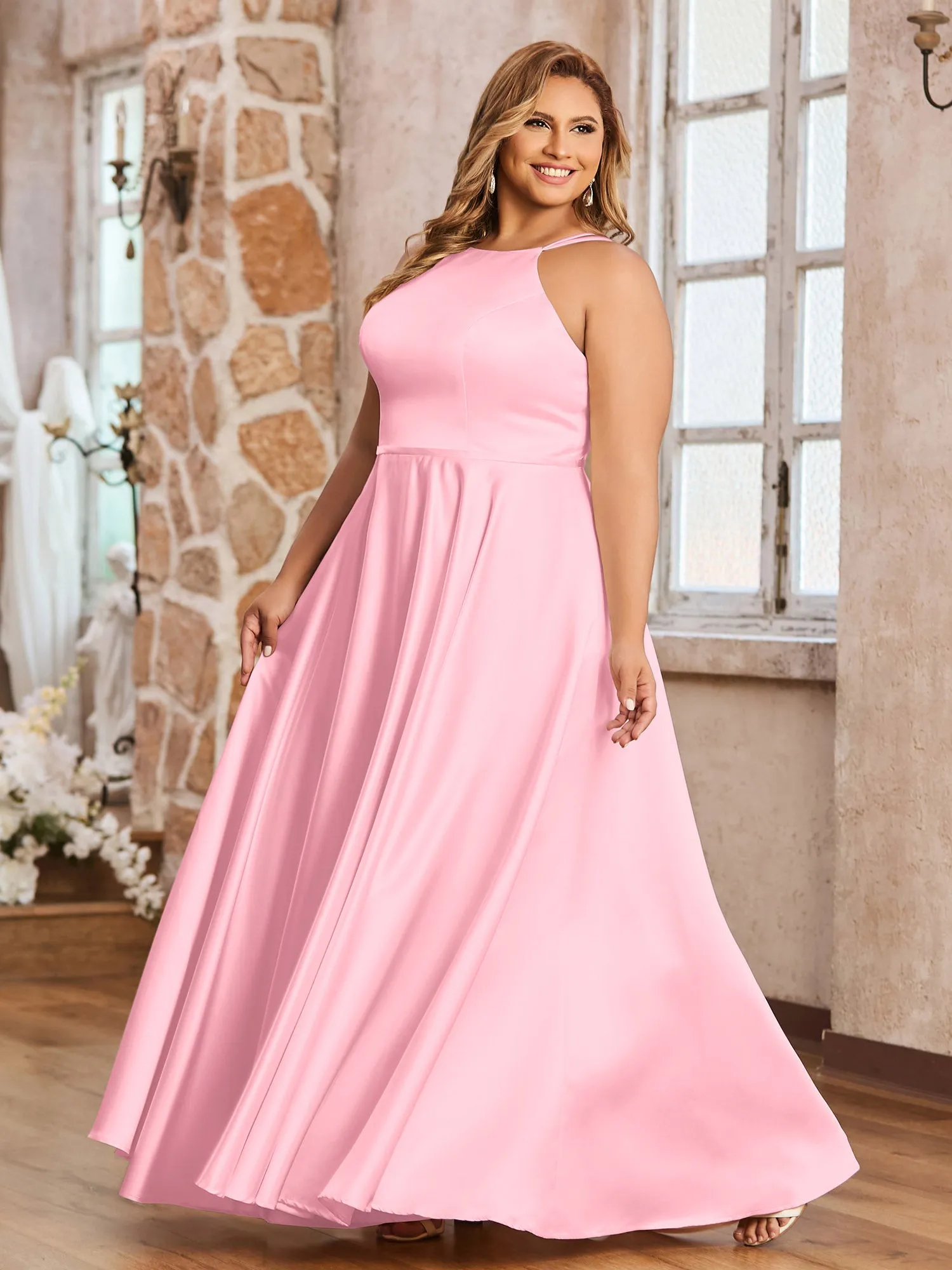 A-line Halter Max Satin Dresses with Pockets-Flamingo Plus Size
