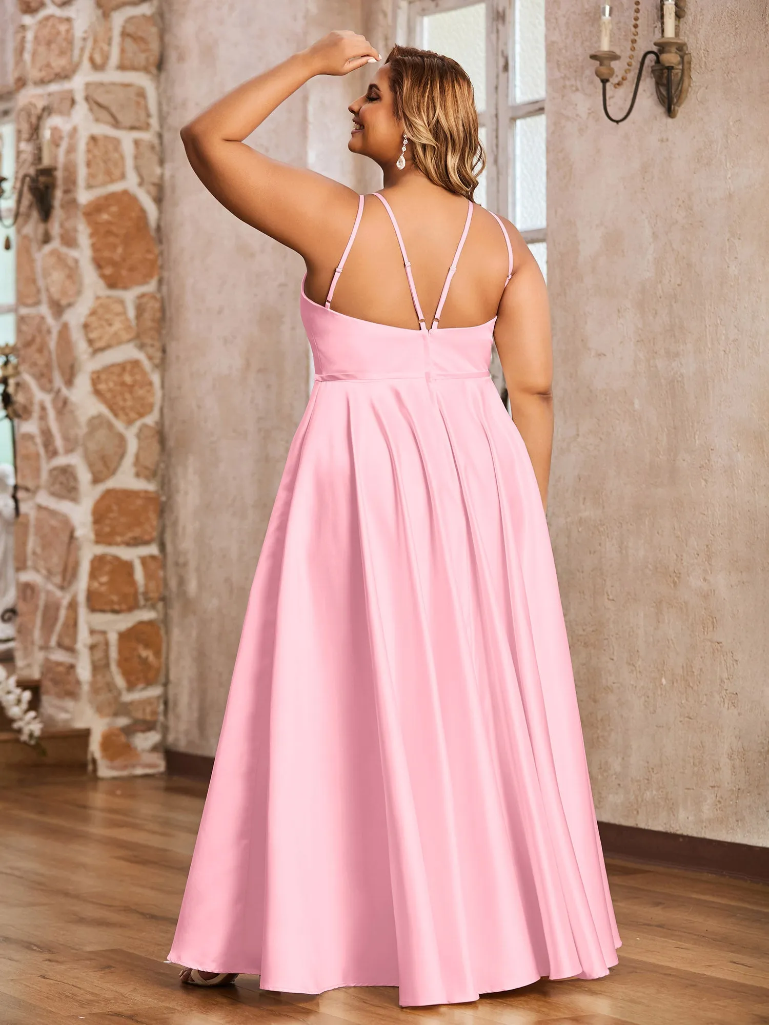 A-line Halter Max Satin Dresses with Pockets-Flamingo Plus Size