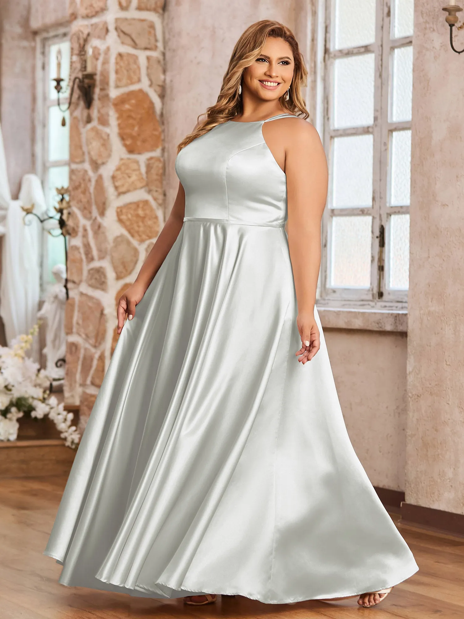 A-line Halter Max Satin Dresses with Pockets-Silver Plus Size