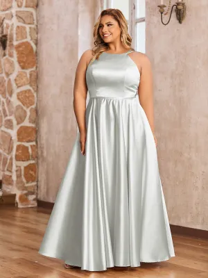 A-line Halter Max Satin Dresses with Pockets-Silver Plus Size