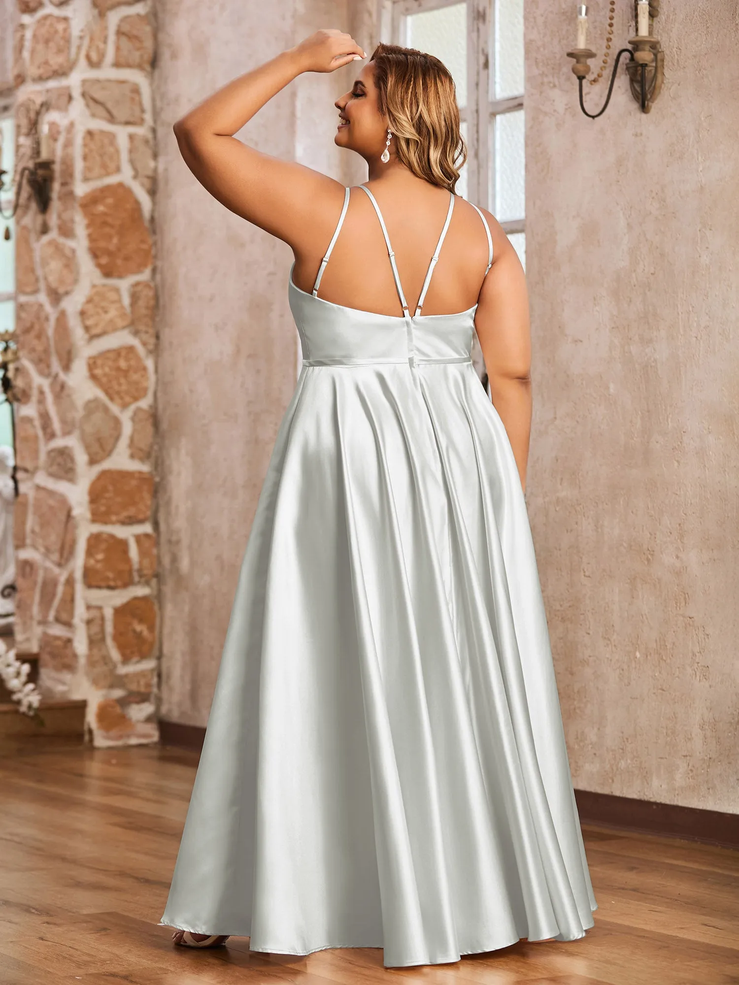 A-line Halter Max Satin Dresses with Pockets-Silver Plus Size