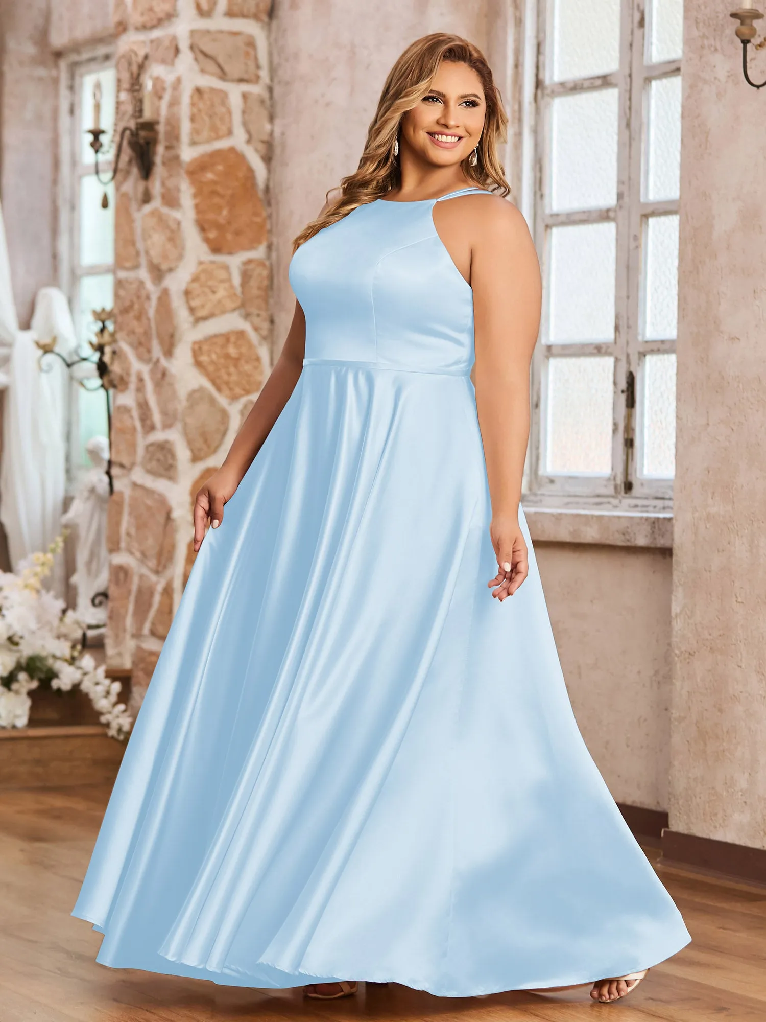 A-line Halter Max Satin Dresses with Pockets-Sky Blue Plus Size