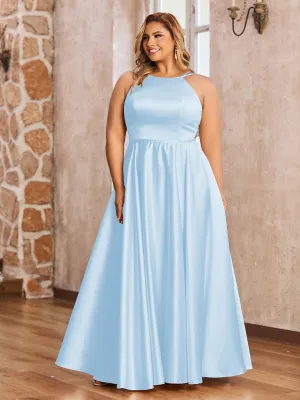 A-line Halter Max Satin Dresses with Pockets-Sky Blue Plus Size