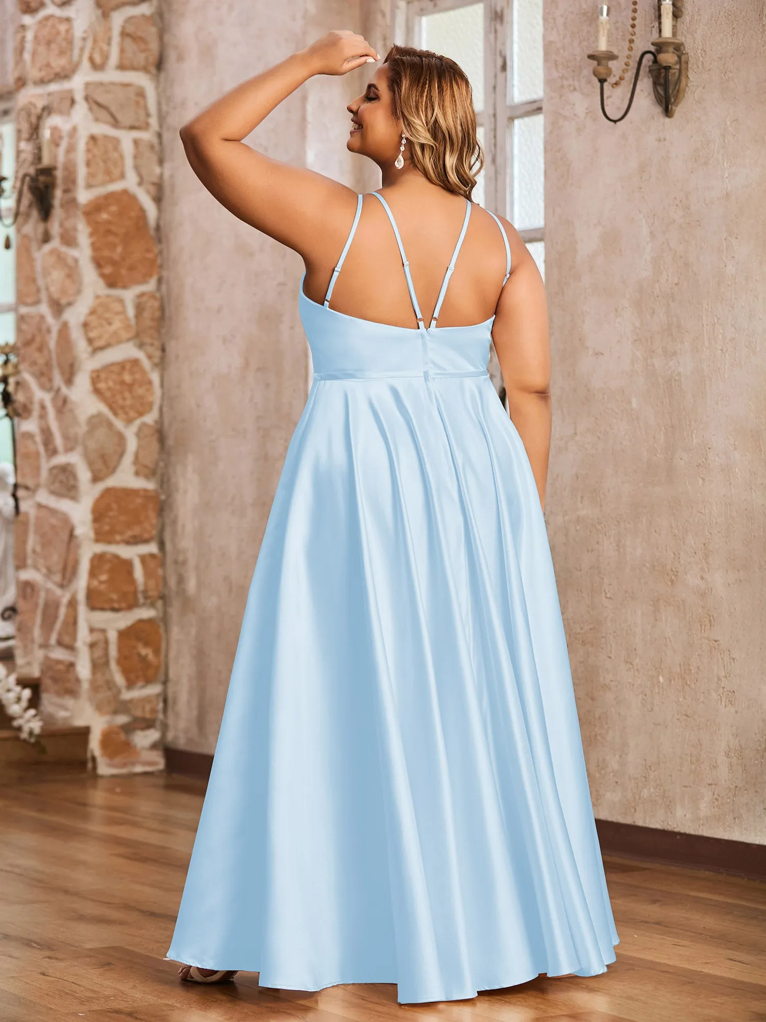 A-line Halter Max Satin Dresses with Pockets-Sky Blue Plus Size