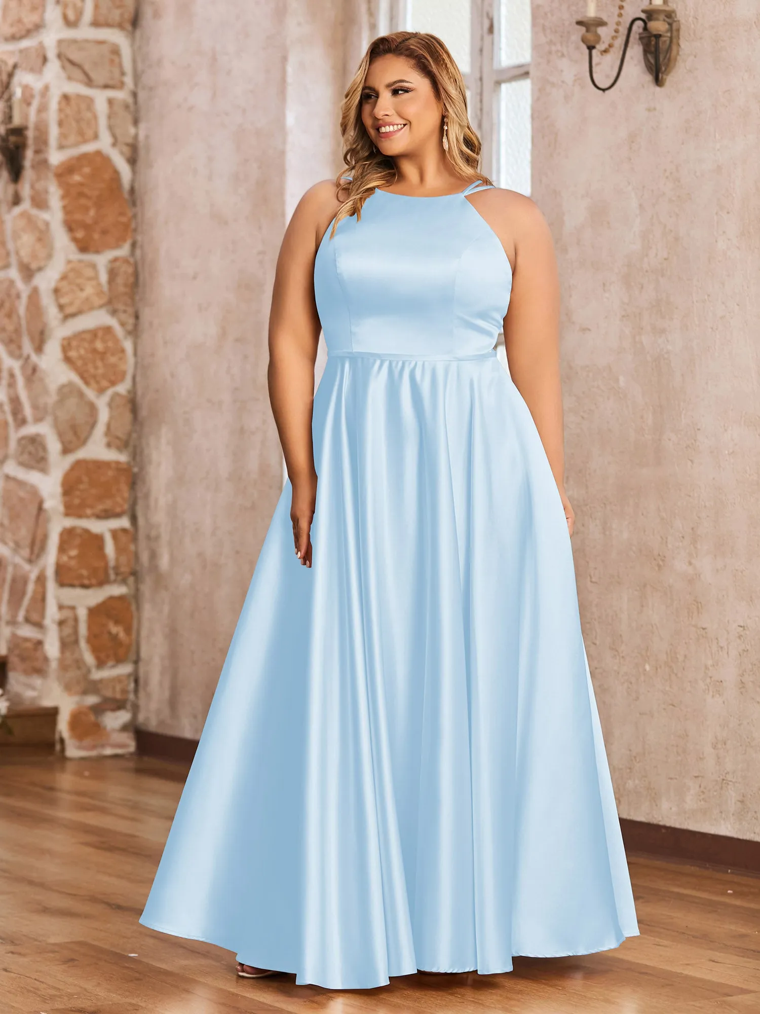 A-line Halter Max Satin Dresses with Pockets-Sky Blue Plus Size