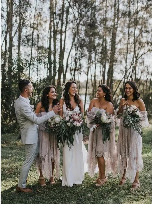 A-Line Off-the-Shoulder 3/4 Sleeves Asymmetry Blush Lace Bridesmaid Dress PFB0140