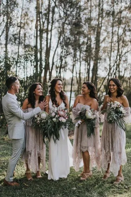 A-Line Off-the-Shoulder 3/4 Sleeves Asymmetry Blush Lace Bridesmaid Dress PFB0140