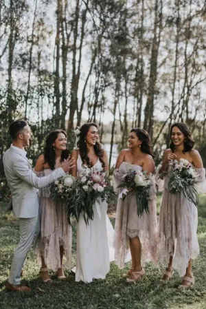 A-Line Off-the-Shoulder 3/4 Sleeves Asymmetry Blush Lace Bridesmaid Dress PFB0140