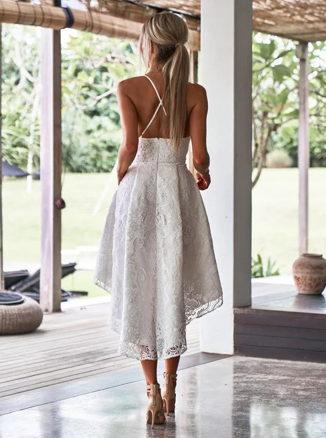 A-Line Spaghetti Straps High Low White Lace Prom Dress With Pockets PDA408