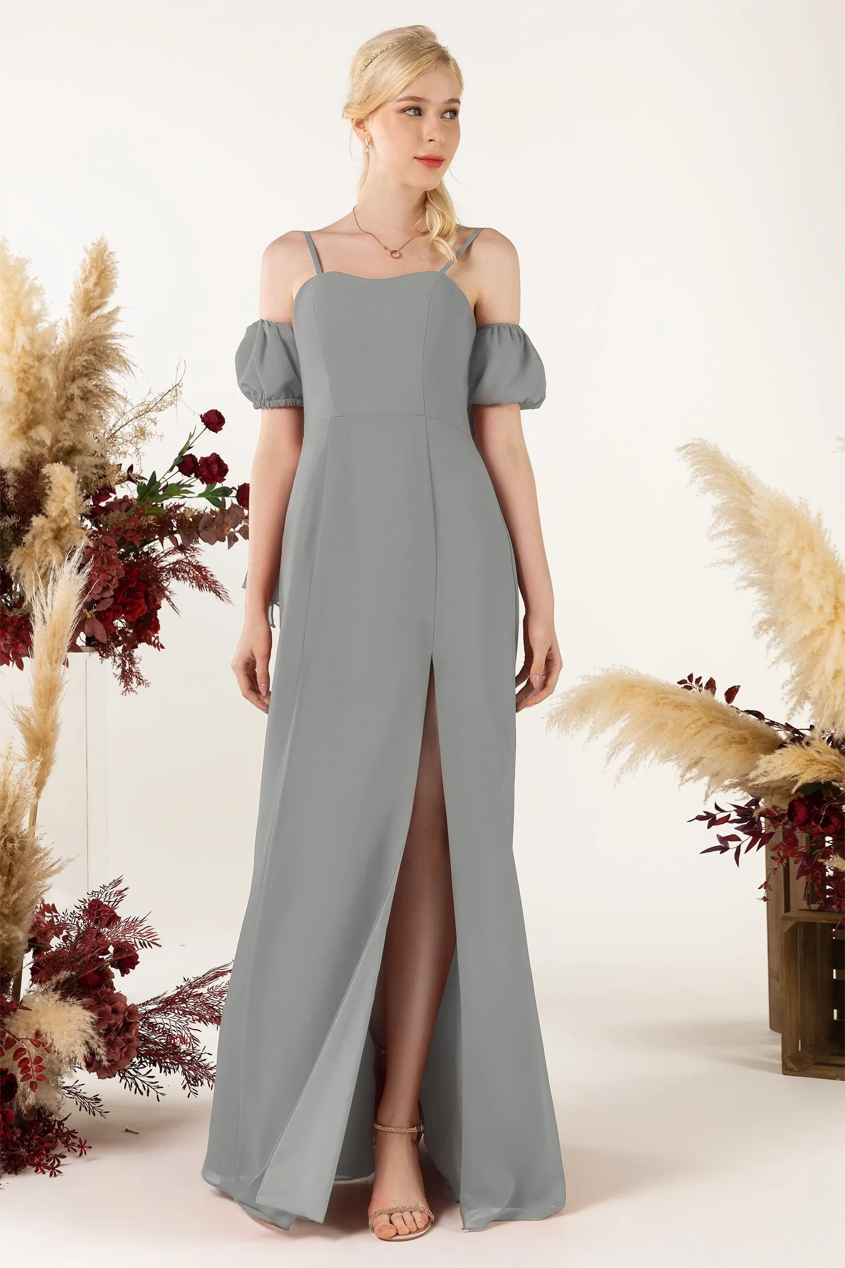 A-Line Sweep-Brush Train Chiffon Bridesmaid Dress CB0471