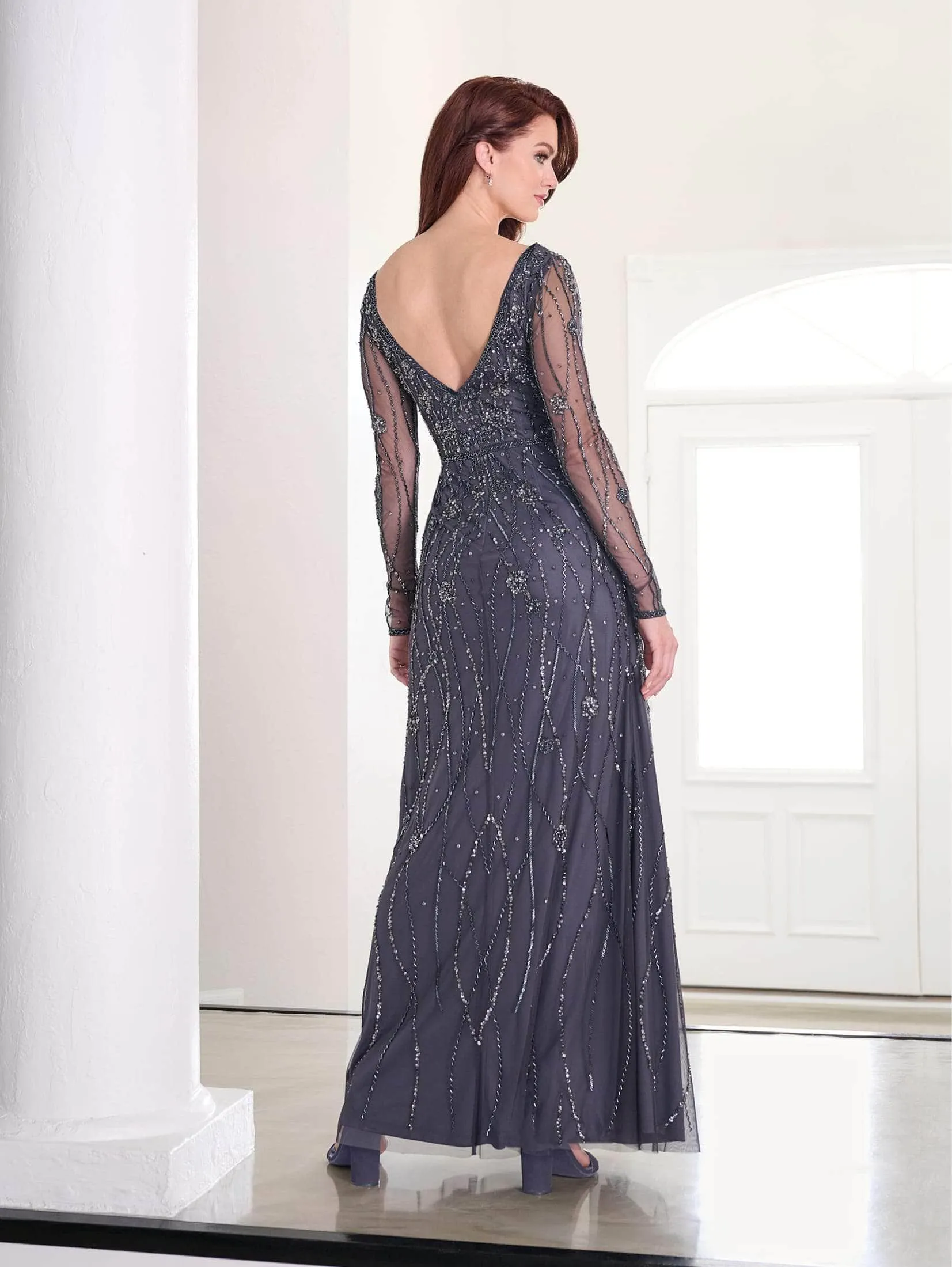 Adrianna Papell Platinum 40454 - Sheer Long Sleeve Beaded Evening Gown