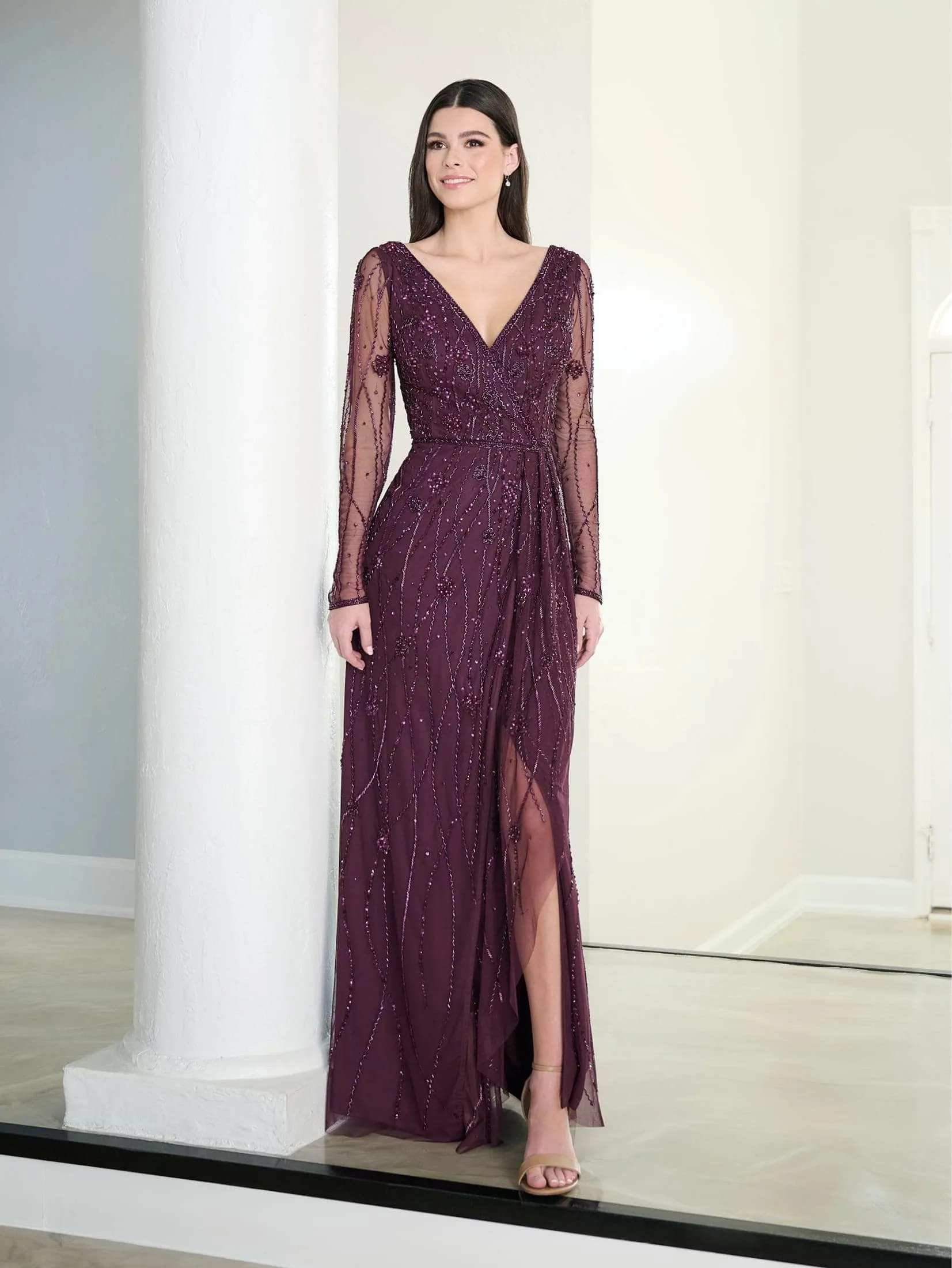 Adrianna Papell Platinum 40454 - Sheer Long Sleeve Beaded Evening Gown