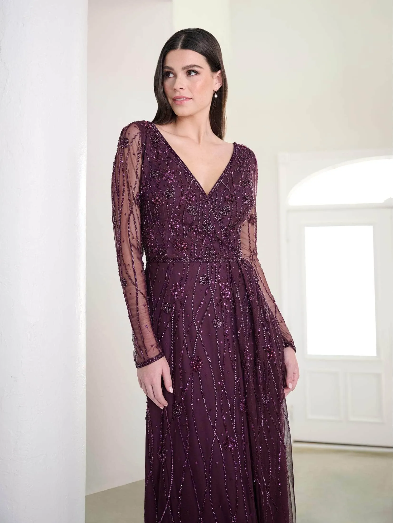 Adrianna Papell Platinum 40454 - Sheer Long Sleeve Beaded Evening Gown