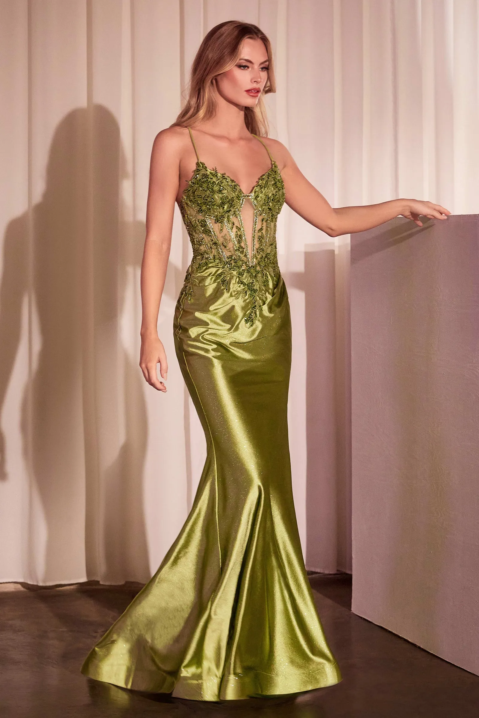 Applique Satin Sleeveless Slit Gown by Ladivine CC2401