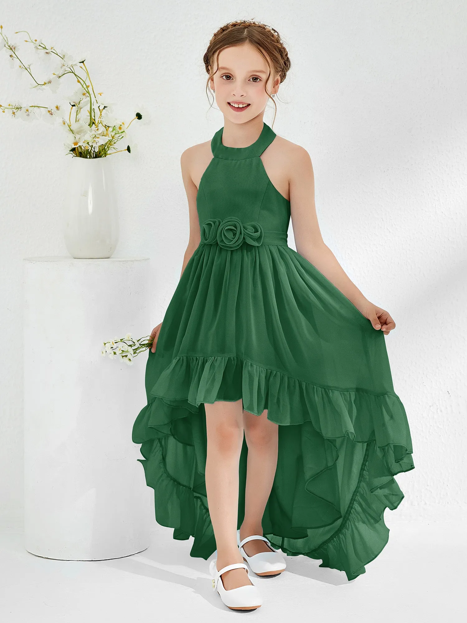Asymmetrical A-line Junior Bridesmaid Dresses with Flower Dark Green