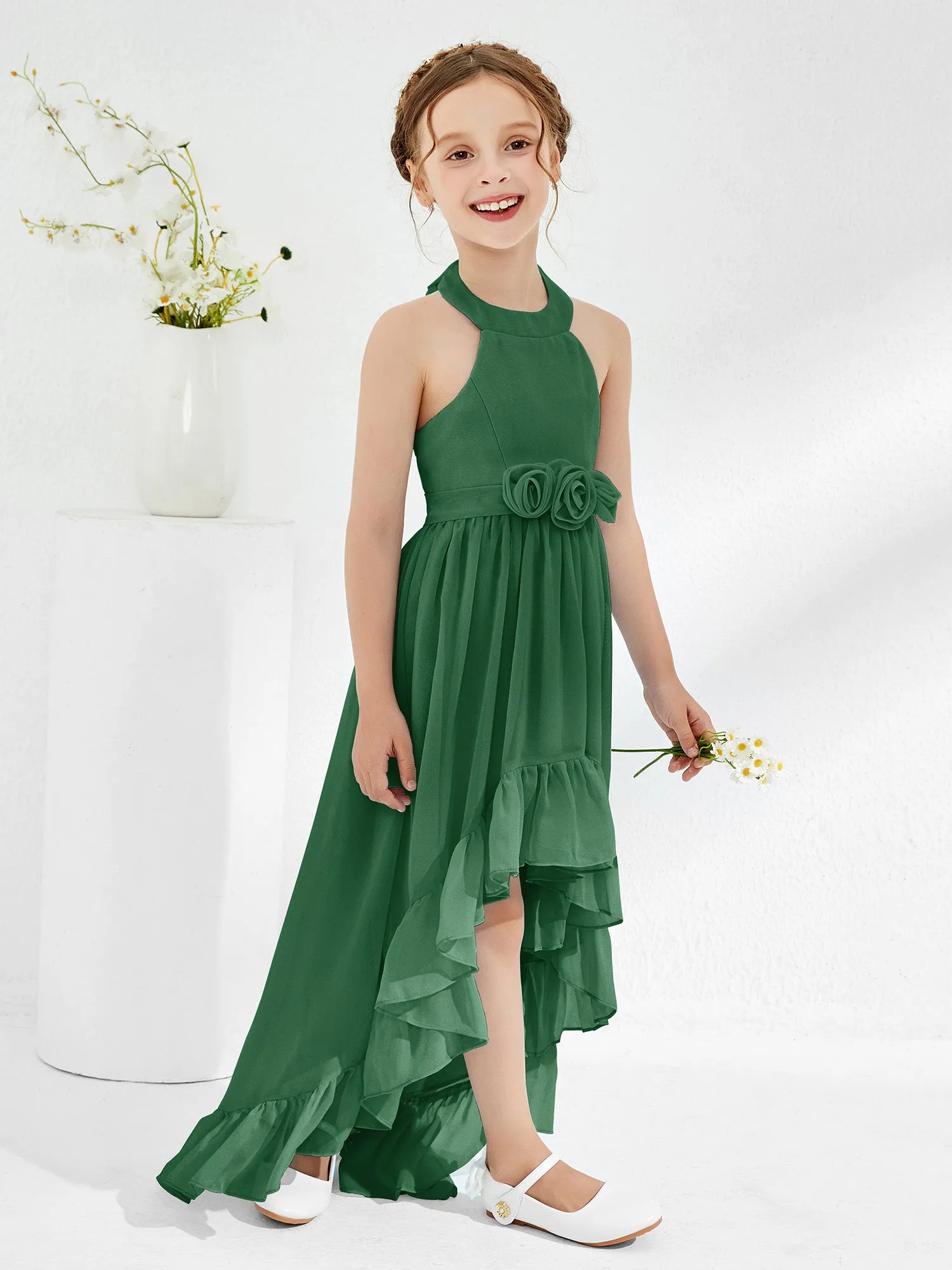 Asymmetrical A-line Junior Bridesmaid Dresses with Flower Dark Green